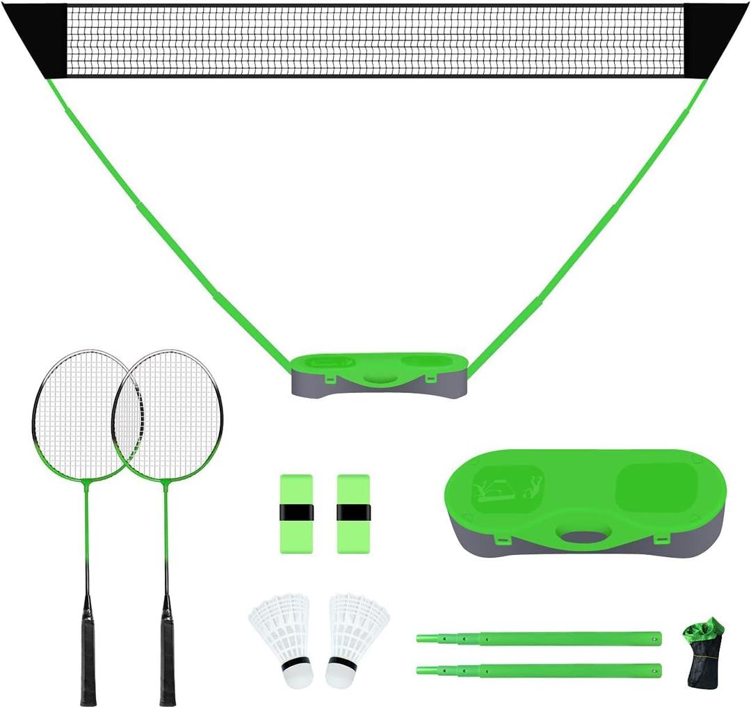FBSPORT Badminton Set, Badminton Sets for Backyards, Portable Badminton Net Set with 2 Badminton Rackets 2 Shuttlecocks,10x5ft Net, Storage Base, Easy Setup for Backyard Combo Complete Badminton Set (Green)