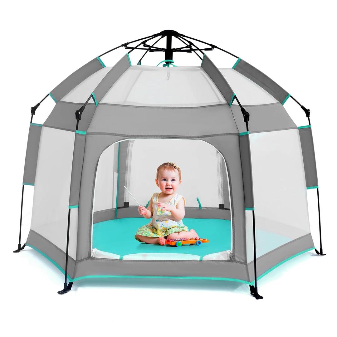 Baby Playpen with Canopy, Hexagon Toddler Beach Tent(Grey) | Portable Infant Play Yard, Mosquito Net, Indoor and Outdoor, Instant Installation, Pop Up, Travel Bag, 63 x 53 x 39 inches