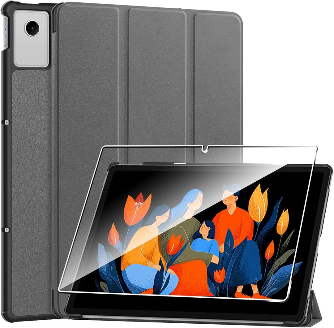 Case for Lenovo Idea Tab Plus 12.1,Protective Case with [1 Pack] Tempered Glass Screen Protector, [PU Leather] [Protective Ultra Thin][Stand Function] [Anti Scratch]-Grey