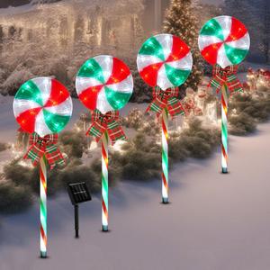 BRIGHTDECK Christmas Solar Pathway Lights, 27" Set of 4 Lollipops Peppermint Stake Lights, Candy Cane Lights with 8 Modes, Outdoor Christmas Decoration for Yard, Pathway, Patio (4pcs RedGreen)