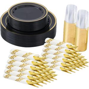 175 Pcs Black Gold Disposable Plates for 25 Guests, Disposable Plastic Plates, Dinnerware Set Include 25 Dinner Plates, 25 Salad Plates,25 Cups, 25 Paper Napkins for Party, Wedding