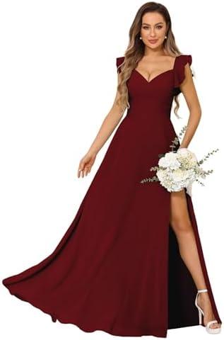 vintys Women's V Neck Bridesmaid Dresses Long with Slit Ruffle Sleeves A Line Chiffon Formal Evening Dress with Pockets VS039.3XL