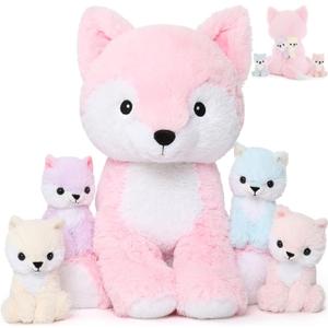 MorisMos Pink Fox Stuffed Animal Set, Soft 19 Inch Mommy Stuffed Fox Plush Toys with Baby Inside, Cute Fox Plushie Gift for Girls, Women, Kids Birthday, Christmas