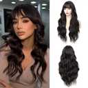 Dark Brown Wig With Bangs Long Wavy Wigs for Women 26 Inch Curly Wavy Wig With Bangs Natural Looking Synthetic Heat Resistant Fiber Wig for Daily Party Use