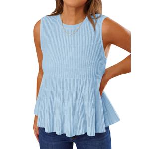 Saodimallsu Womens Peplum Ribbed Tank Tops Cute Sleeveless Knit Ruffle Crew Neck 2026 Summer Sweater Vest Sky Blue (Blue), Medium