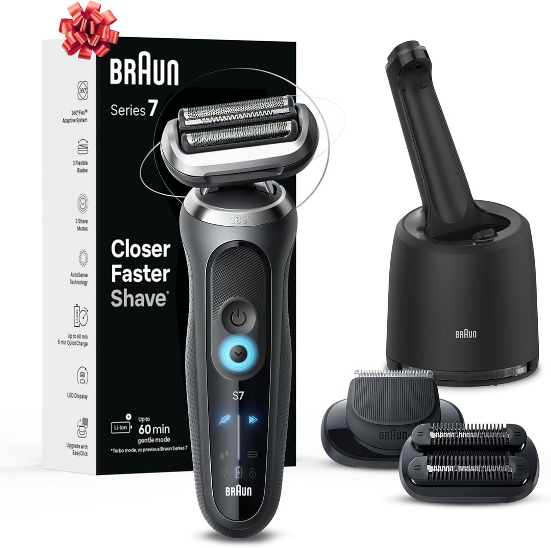 Braun Electric Shaver for Men, Series 7 7185cc, Waterproof, Wet & Dry Shave, Shaving Kit with SmartCare Center and Beard Trimmer, 3 Shave Modes, 60 Minute Battery Runtime, 10 Piece Set (Grey)