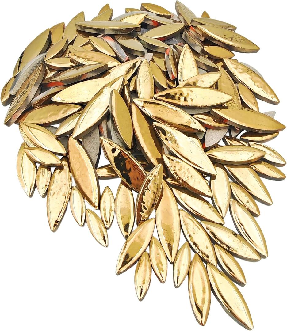 500g/1.1lb Willow Leaf Petal Shape Ceramic Mosaic,Irregular Mosaic Pieces for Home Decoration or DIY Crafts,Mosaic Making Supplies. (Gold)