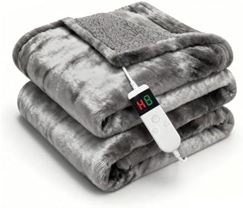 Cushious Electric Heated Blanket Throw 50''x60''Size Faux Fur Heating Blanket 10 Heating Settings, 1-8h Timer & Overheat Protection, Machine Washable, Soft Flannel and Sherpa Full Body Warmth