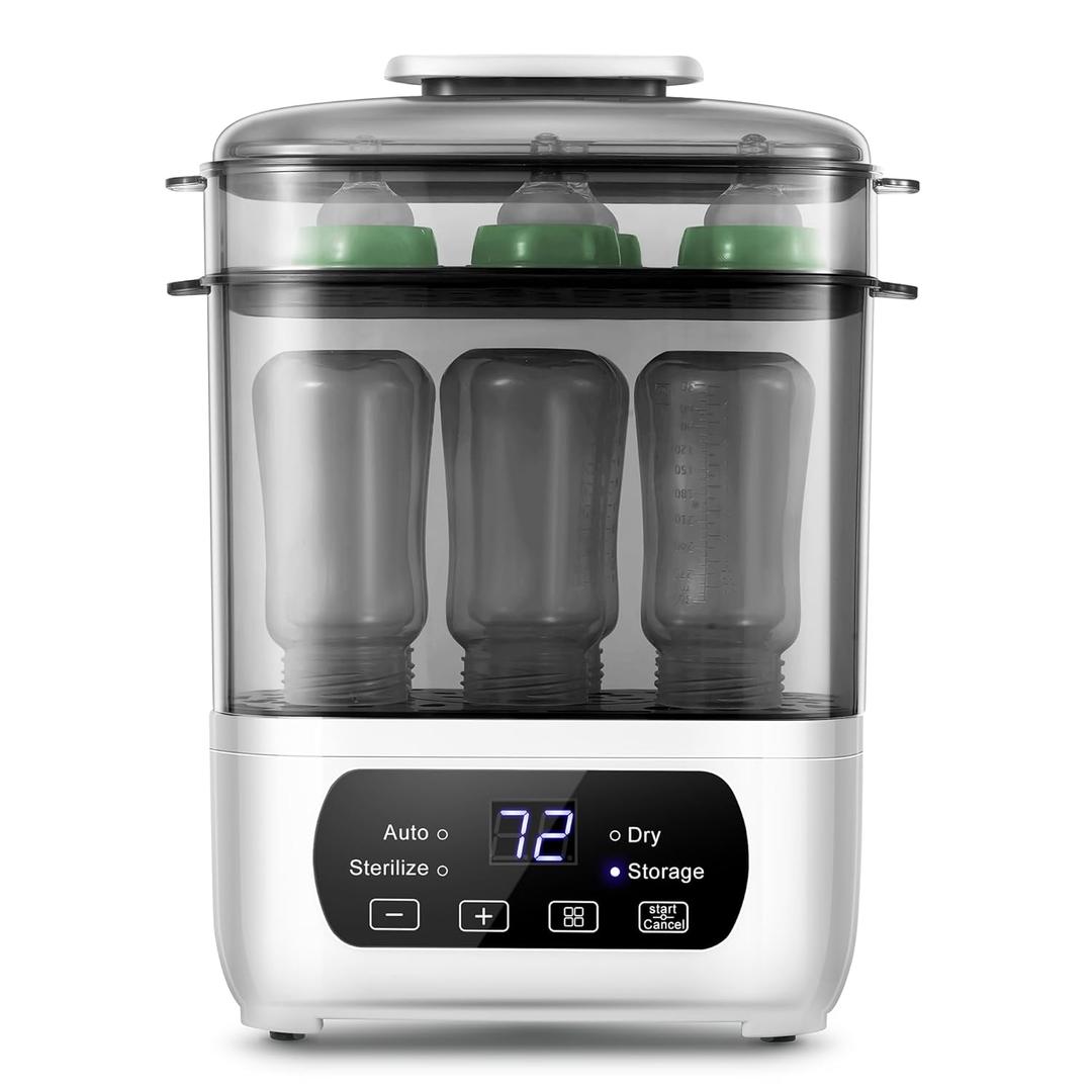 Baby Bottle Steamer and Dryer, Electric Steamer and Dryer for Baby Bottles, 4-in-1 Bottle Steamer and Dryer, Universal Fit for All Bottles, LED Touch Screen, Auto Shut-Off (Grey)