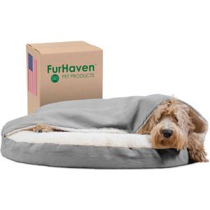 Furhaven 35" Round Orthopedic Dog Bed for Large/Medium Dogs w/ Removable Washable Cover, For Dogs Up to 50 lbs - Sherpa & Suede Snuggery - Gray, 35-inch