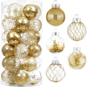 30ct Christmas Ball Ornaments-60mm/2.36" Shatterproof Clear Plastic Xmas Balls Baubles Set with Stuffed Delicate Sparkling, Hanging Christmas Tree Decorations (Gold)