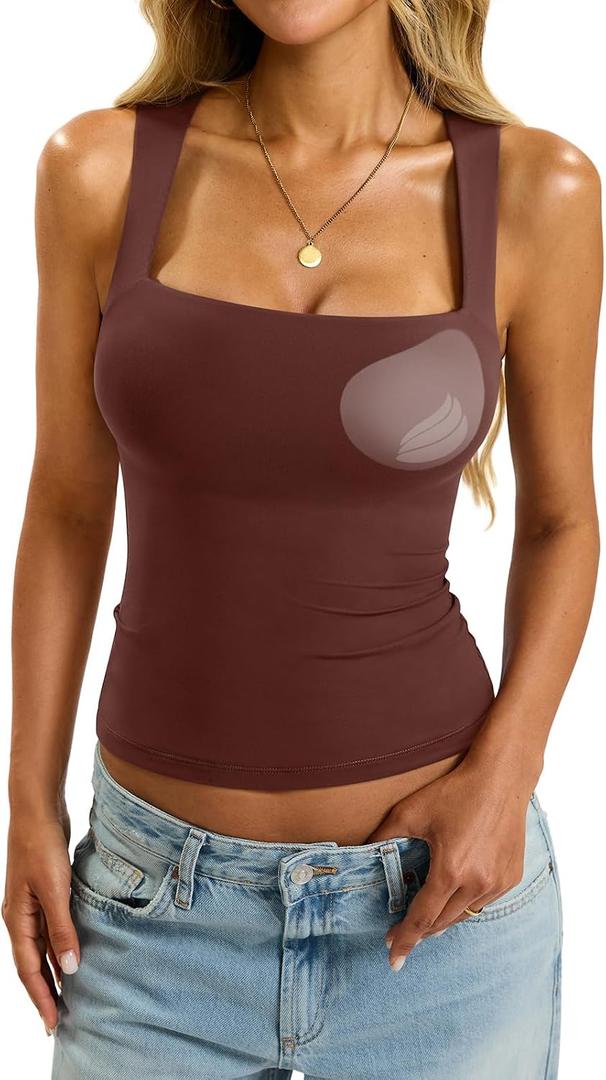 EasyGala Womens Padded Tank Tops Double Lined Built in Bra Sleeveless Top Square Neck Slim Fitted Summer T Shirts 2026 (Brown, XL)