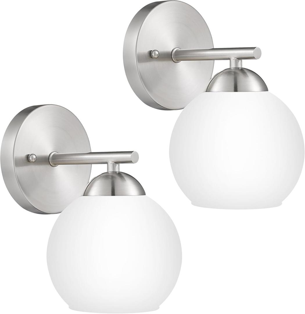 Emak Brushed Nickel Wall Sconce, 2 Light Bathroom Vanity Light with Milk Glass Shade, Modern Bathroom Lighting Fixtures for Bathroom, Living Room, Pictures, Bedroom,Hallway, WS114-BN-ML-2PK