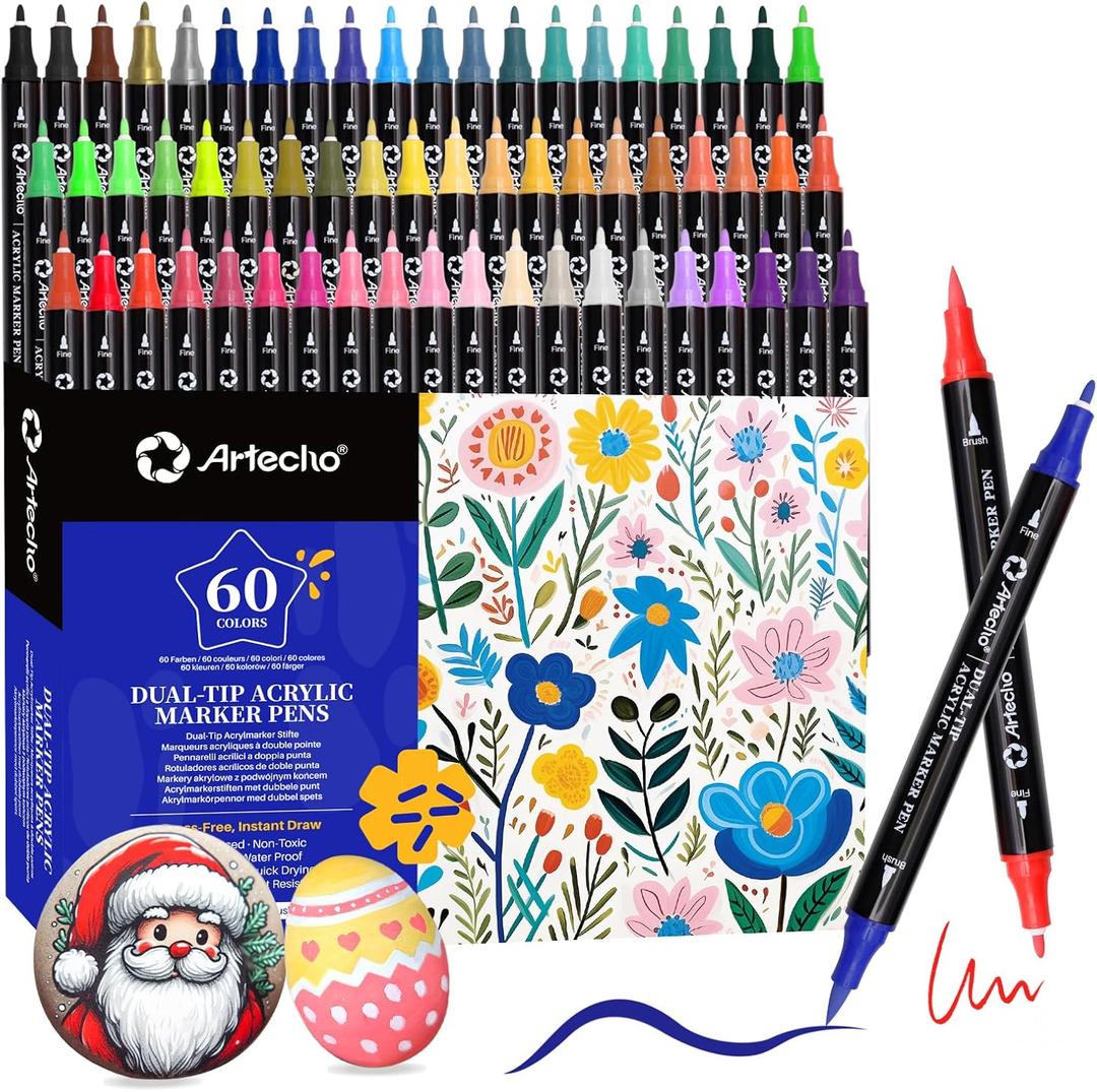 Artecho Acrylic Paint Markers 60 Colors, Acrylic Paint Pens with Brush Tip and Fine Tip for Stone, Rock Painting, Paper, Pumpkin, Wood, Egg, Canvas, Ceramic, Fabric, leather, Glass, DIY Crafts