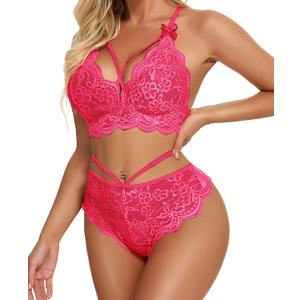 Namifin Women Lingerie Set Lace Bralette and Panty Set Strappy Lace Lingerie (X-Large, Pink)