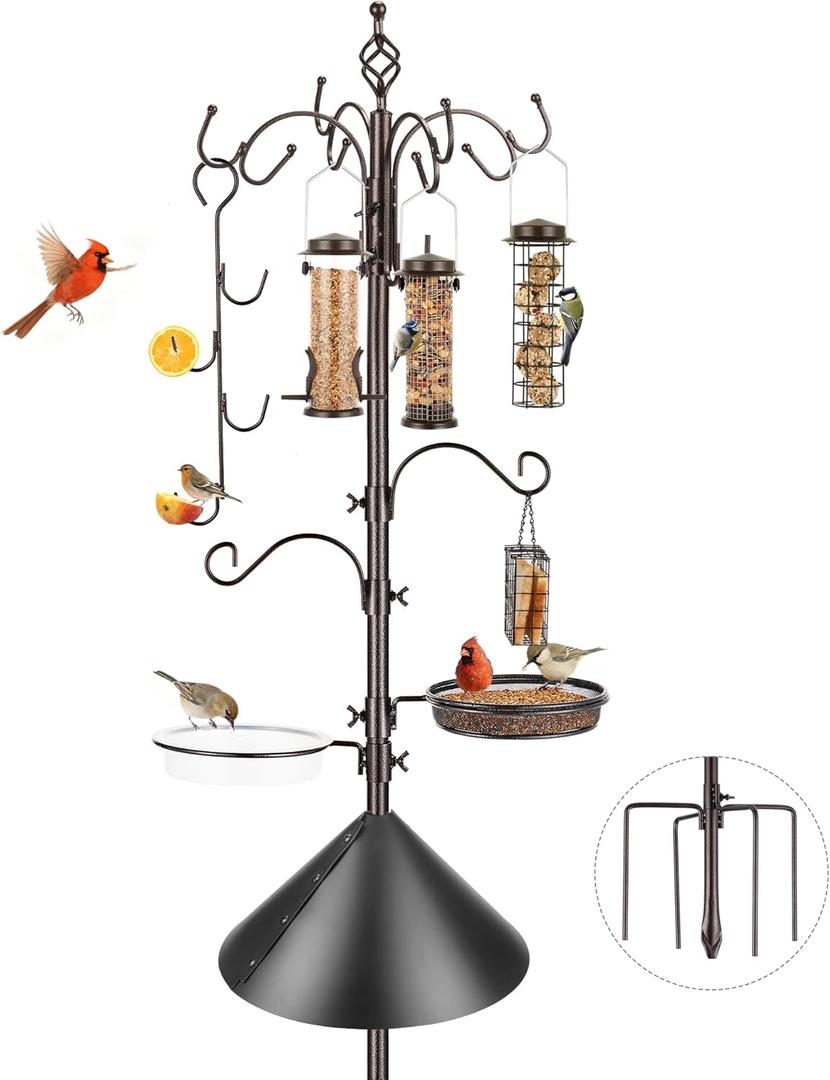 Bird Feeding Station Kit with Squirrel Baffle Bird Feeder Pole with Suet Cage Mesh Tray Fruit Hook Double W Hook for Attracting Wild Birds and Hanging Planter Hanger Lights