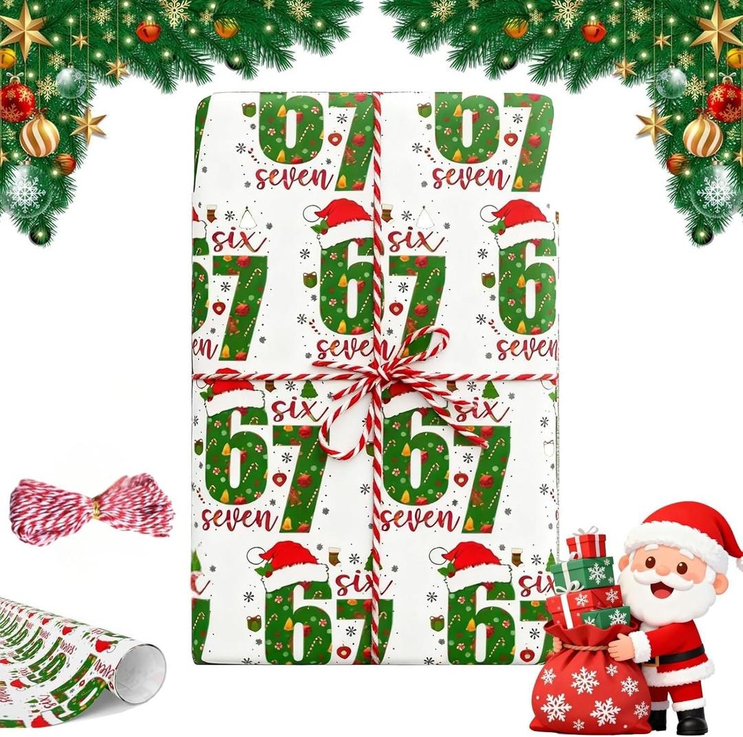 2PCS 67 Christmas Wrapping Paper, 67 Meme Wrapping Paper, Funny Teen Holiday Gift Wrap, Santa 67 GiftWrap, Unique Six Seven Festive Wrapping Papers (White)