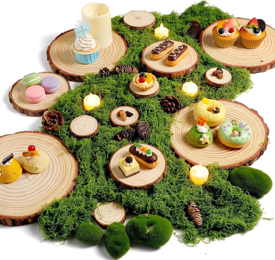 Nuanchu 7 Pack Wood Table Centerpieces with Rustic Wood Slices and Artificial Fake Green Moss for Wooden Fairy Wedding Woodland Table Decor Ideal DIY Crafts (2.4-2.8'',5.1-5.5'',7.9-9.1'')