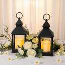 2 Pack 10.2” Candle Lanterns Decorative Indoor Hanging Lanterns with Warm Flickering LED Candle 6 Hours Timer,Black Battery Powered Candle Lantern Table Centerpiece Mantle Shelf Home Decor