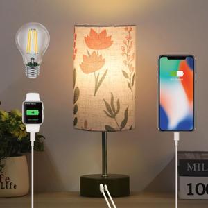 Touch Bedside Table Lamp, 2 USB Ports, 3-Way Dimmable Bedside Lamp for Bedroom, Nightstand Lamp with Round Flower Fabric Shade for Living Room, Home Office (rose-single)
