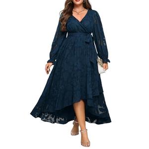 Navy Blue Dress Women Plus Size Wedding Guest Cocktail Fall Semi Formal Floral Long Sleeve Wrap High Low Maxi Dresses, 14 Plus