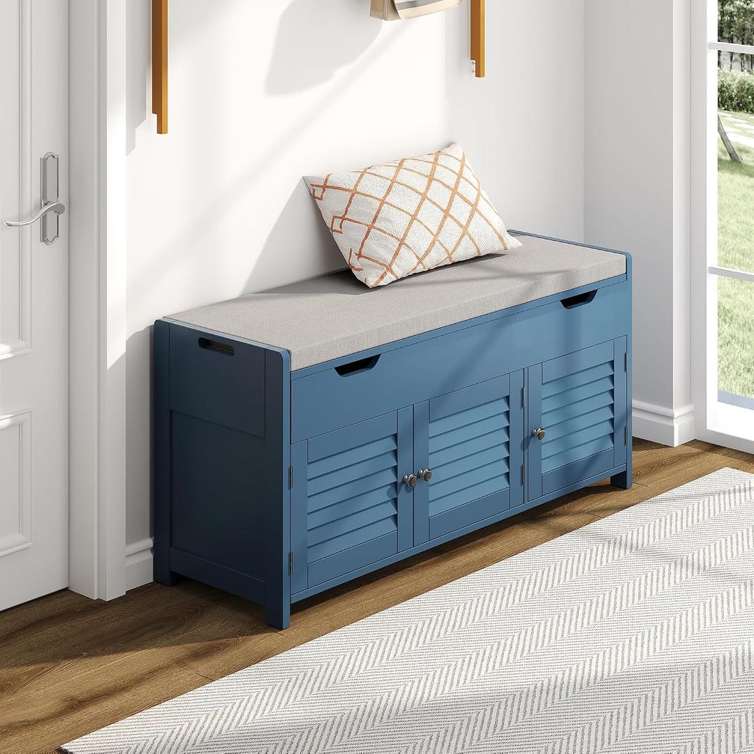 ChooChoo 41.3" Shoe Storage Bench with Lift Top Storage, Entryway Bench with Cushioned Seat, Adjustable Shelf, Shoe Cabinet with Hidden Space, for Entryway, Bedroom, Living Room, Blue, 13.78"D x 41.34"W x 19.69"H