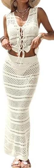 Fisoew Womens Summer Crochet Swim Cover Up 2 Piece Sleeveless Front Tie Crop Tops Beach Maxi Skirt Boho Coverup Set Size S