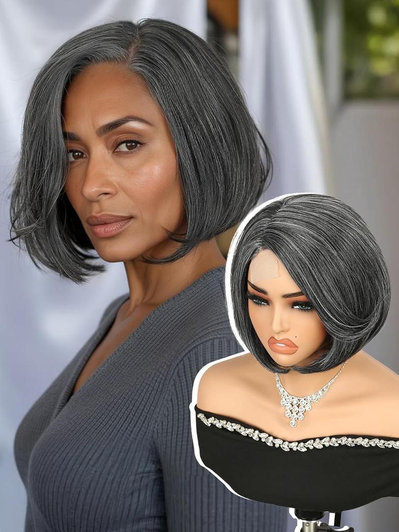Quantum Love Mixed Grey Bob Wig Side Part Short Straight Layered Bob Wigs for Women Natural Hairline Gluless Realistic Synthetic Fiber for Daily Party