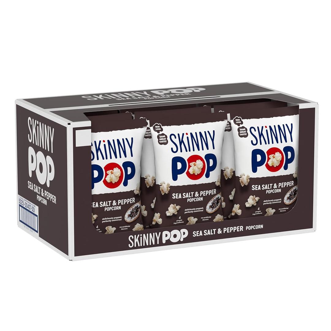 SkinnyPop Popcorn, Sea Salt & Pepper, Whole Grain, Dairy-Free Snack, 4.4oz Bags (12ct), BBD 09 26 2026 