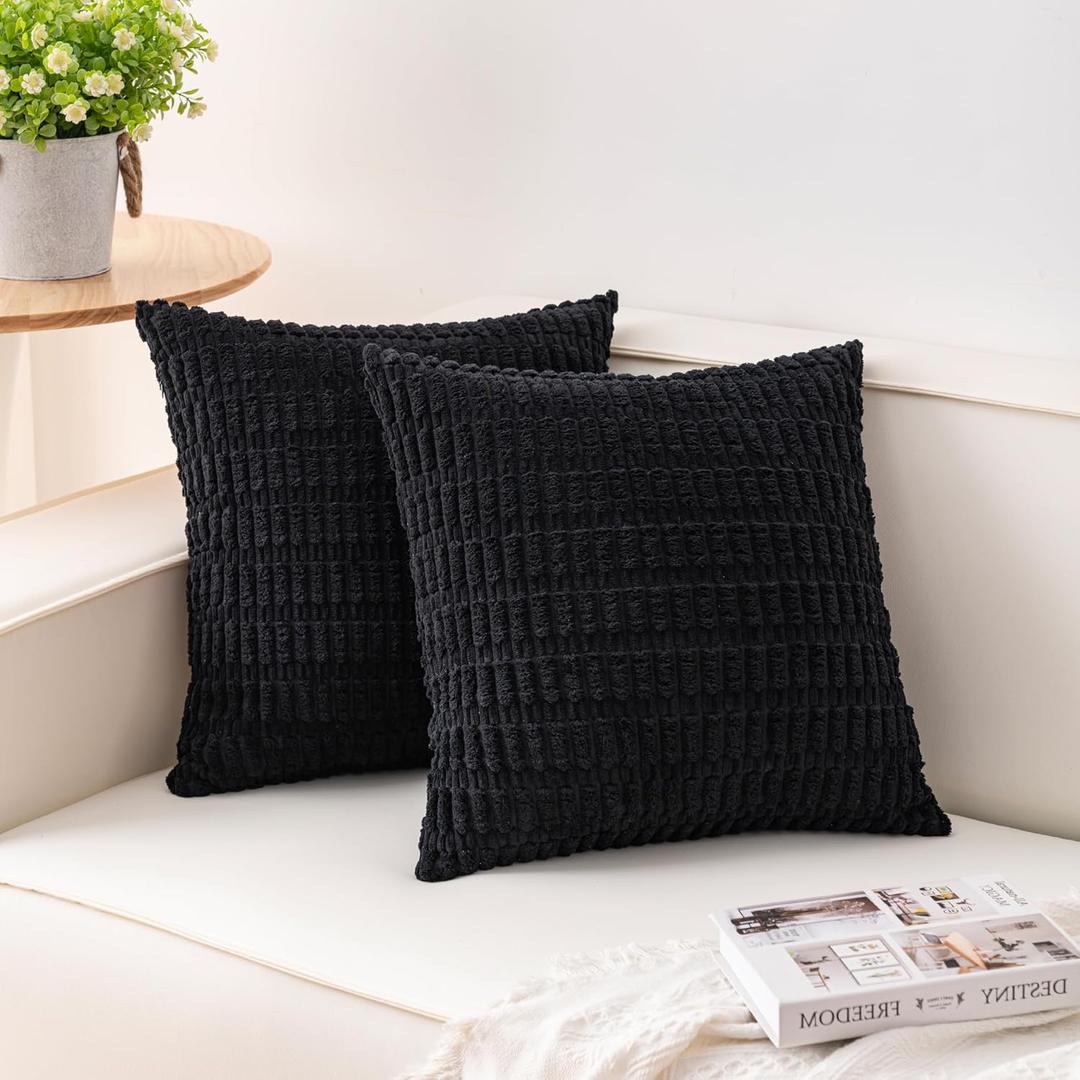 Pack of 2 Corduroy Decorative Throw Pillow Covers 18x18 InchSoft Boho Striped Pillow Covers Modern Farmhouse Home Decor for Sofa Living Room Couch BedBlack