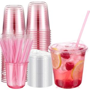 Ziliny 50 Pack 12oz Pink Clear Plastic Cups with Lids and Straws, PET Disposable Drinking Cups, Disposable Iced Coffee Cup for Smoothies, Cold Drinks, Parties, Wedding, Meeting, Drink Shops