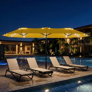 15ft Large Patio Umbrella with Solar Lights and Base, Double-Sided Outdoor Rectangle Umbrella with 48 LED Lights, Market Table Umbrellas with UV Resistant Canopy