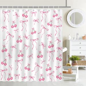 Mocsicka Pink Bow Shower Curtain Pink Cherry Bow Bathroom Shower Curtain Cute Aesthetic Waterproof Fabric Shower Curtains Bathtub Decor with 12 Hooks 72 X 72 Inch