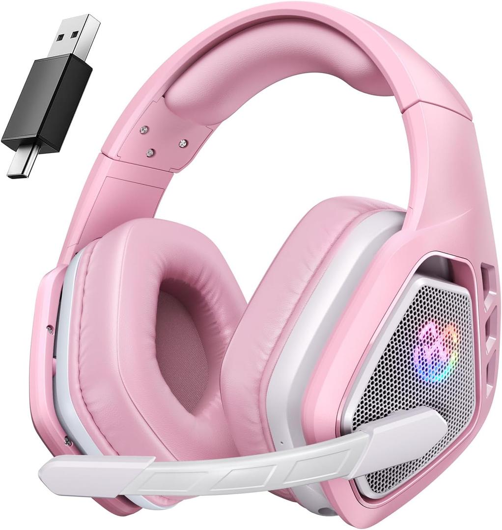 Tatybo Wireless Gaming Headset for PC, Ps5, Ps4, 2.4 Ghz USB & Type-C Gaming Headphones with Microphone, 30H Battery Bluetooth Headphones for Switch, Laptop, Mobile, Mac (Pink)