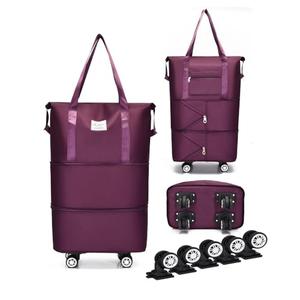 Expandable Foldable Duffel Bag with Detachable Wheels, 64L Large Capacity Rolling Travel Duffle Bag, Lightweight Carry on Luggage with Spinner Wheels, Weekend Gym Tote Bag (Deep Purple)