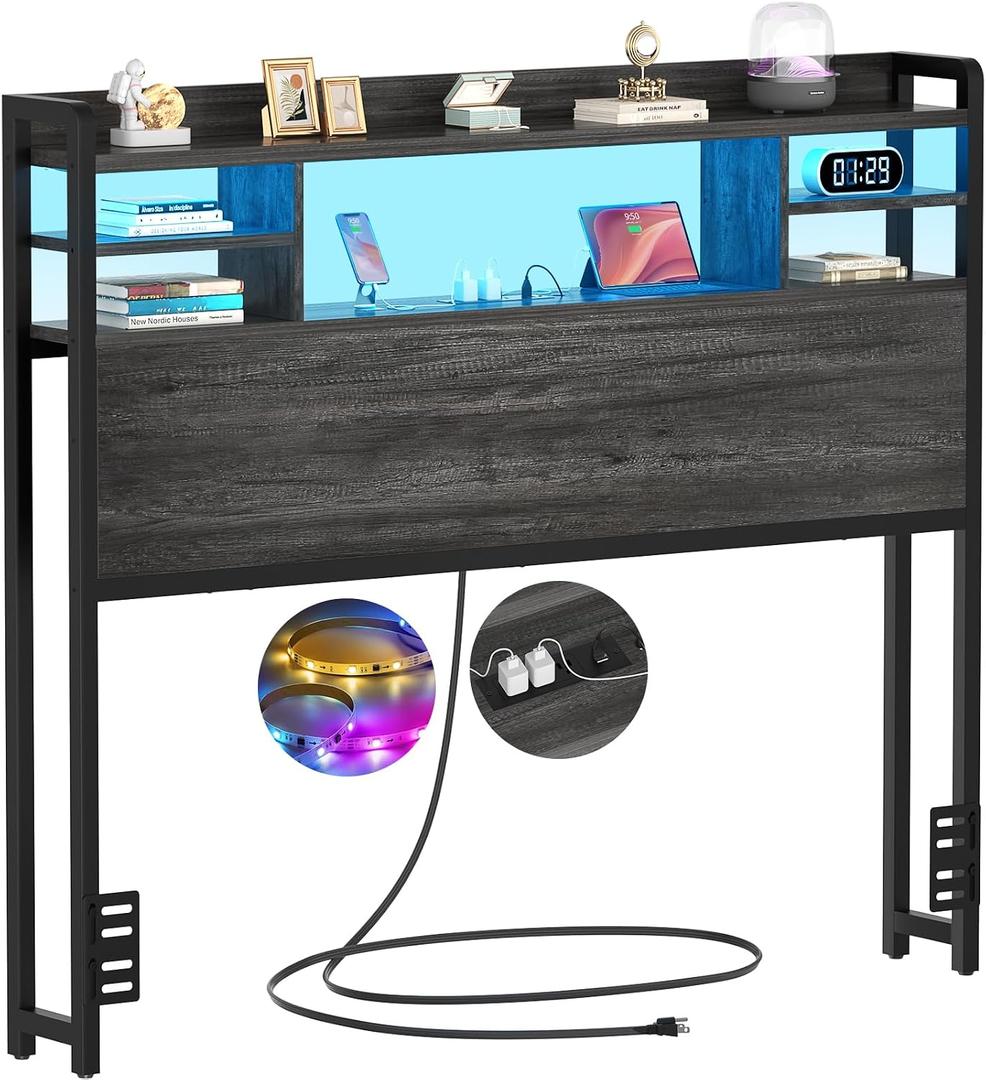 Aheaplus Headboard for Twin Size Bed with Storage, Headboards with LED Light, Power Outlets, USB Ports Twin Size Head Board, Wood headboard Only Sturdy and Stable Headboards, Modern, Black Oak