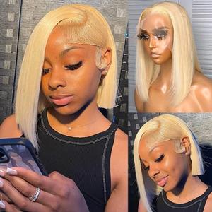 Blonde Bob Wigs Human Hair 13x4 Lace Front Brazilian Virgin Hair Middle Part Silky Straight for Women 10Inch Layered HD Transprent Lace Pre Plucked Natural Hairline 180% Density 613 Short Bob Wigs