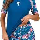 Halcurt Women's Built in Bra Rash Guard UPF 50 Two Piece Swimsuit Shirt and Board Shorts, L
