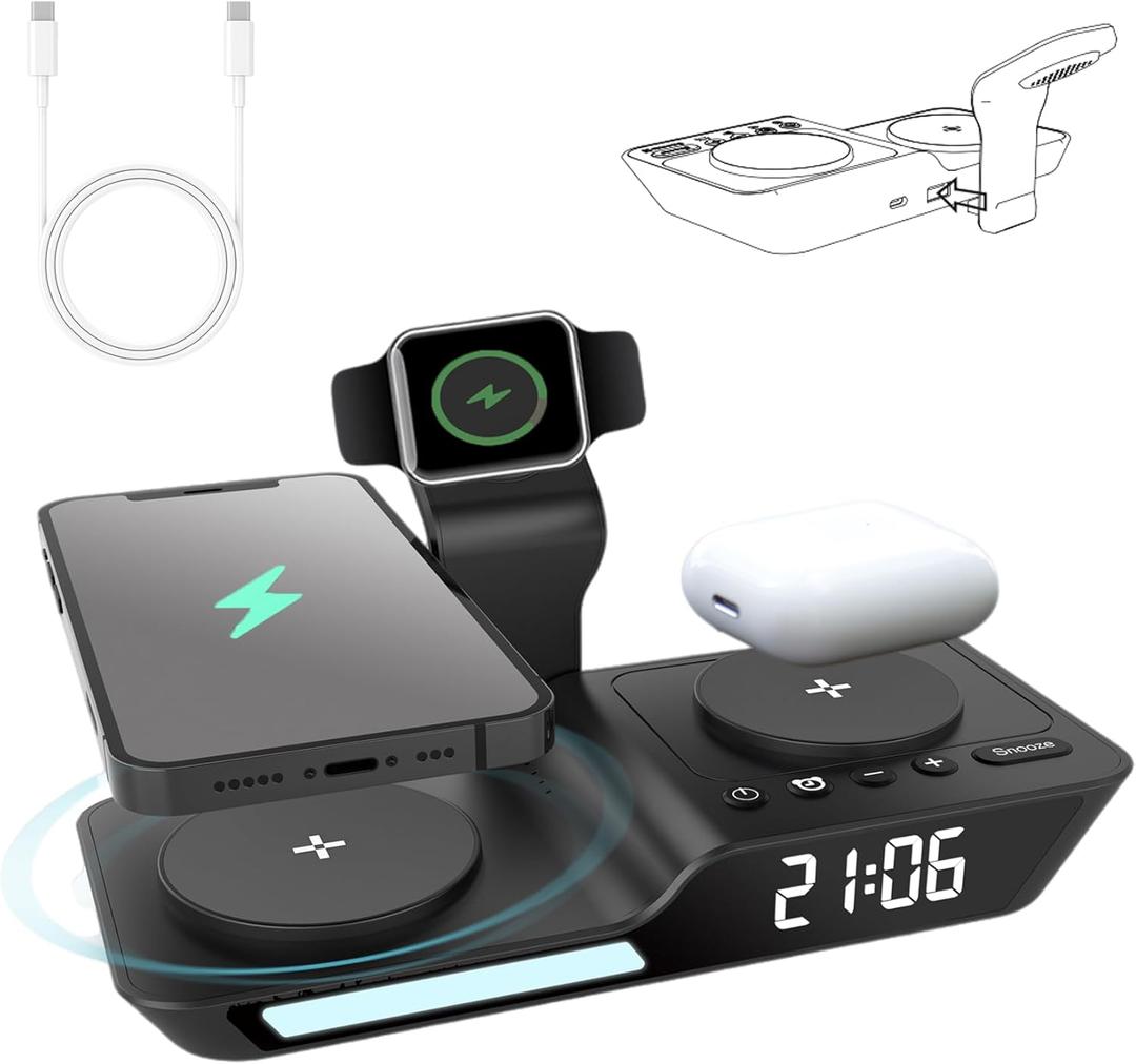 Wireless Charging Station, eirix 5 in 1 Wireless Charger for Apple Watch/iWatch/Airpods/iPhone 14 13 12 11 Pro Max/X, Compatible for Multple Apple Samsung Devices, with Alarm Clock and Night Light