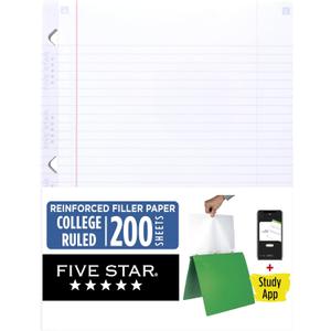 Five Star Loose Leaf Paper + Study App, College Ruled Filler Notebook Paper, Reinforced, Fights Ink Bleed, 8-1/2" x 11", 200 Sheets (170054-ECM)