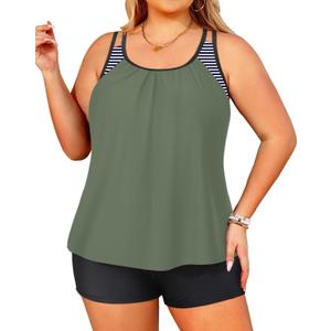Tempt Me Women Plus Size Tankini Swimsuits - Two Piece Tummy Control Bathing Suits with Shorts 2025 Swimwear (Army Green, 18+)