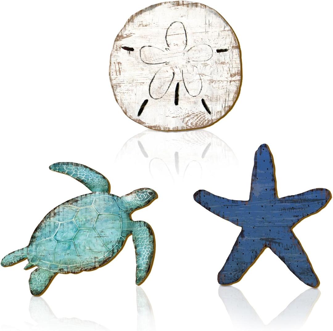AceOrbit 3 Pcs Vintage Coastal Wooden Wall Decor Ocean Sea Turtle, Starfish & Sand Dollar Wall Art Rustic Beach Theme Hanging Decoration Gifts for Living Room, Bathroom, Bedroom