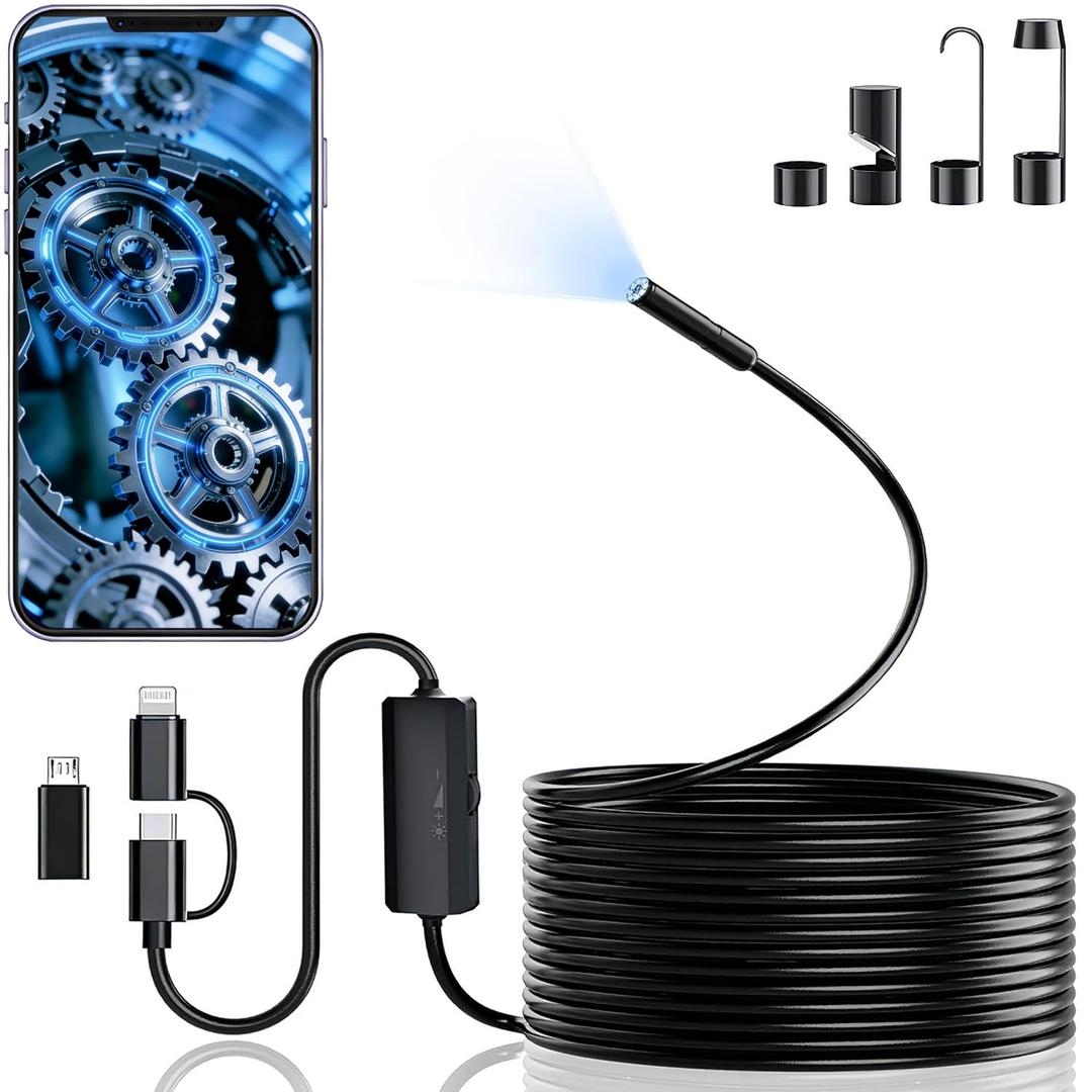 5.5mm Endoscope Camera, 1920P HD Borescope with 8 Adjustable LED Lights, Semi-Rigid Snake Cable, IP67 Waterproof, 16.4ft Single Lens for iPhone & Android