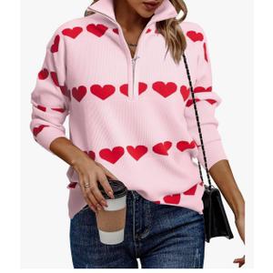 Heart Sweater for Women V Neck Valentines Sweatshirt Quarter Zip Pullover Ribbed Knitted Sweaters Loose Slouchy Tops. M