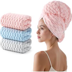 REDKISS 3 Pack Microfiber Hair Towels - Extra Large Hair Towel Wrap for Women, 24x42 inch Hair Towels with Elastic Strap, Super Soft Hair Drying Towels for Long, Thick, Curly Anti Frizz Turbans (Pink+grey+blue)