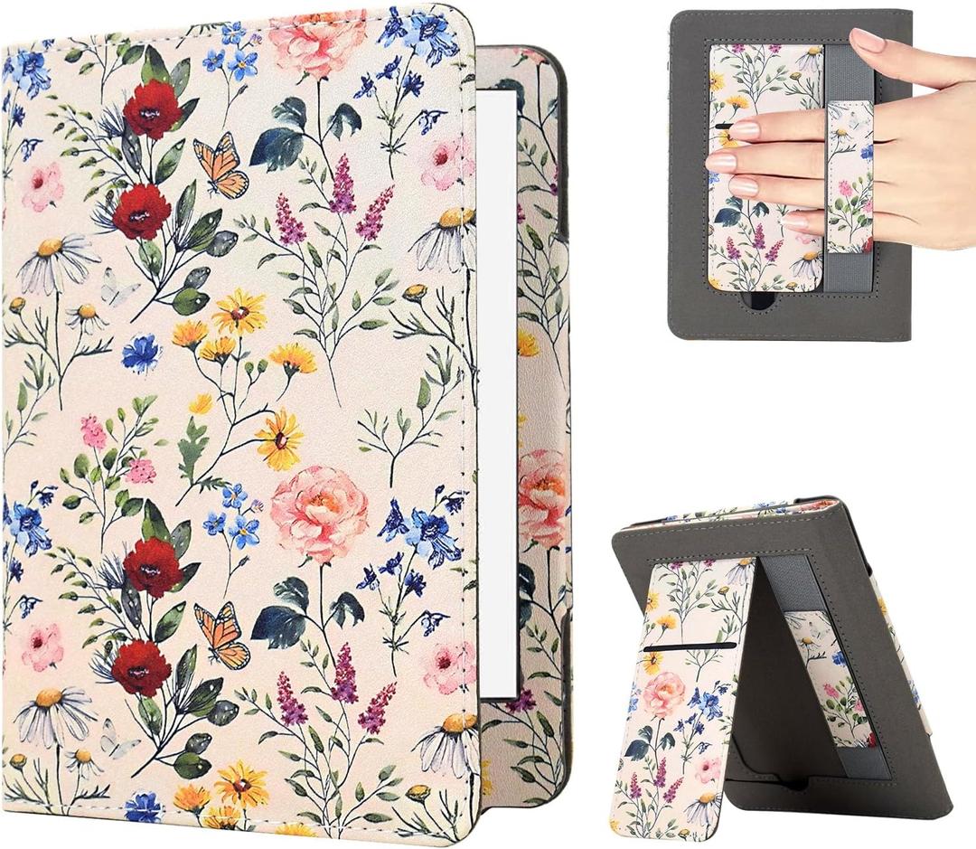 KEROM Case for 6" Kindle Paperwhite (10th/7th/6th/5th Generation, 2012-2018 Release), Premium PU Leather Cute Cover Case with Foldable Stand, Hand Strap, Card Slot, Auto Sleep/Wake, Colorful Blossoms