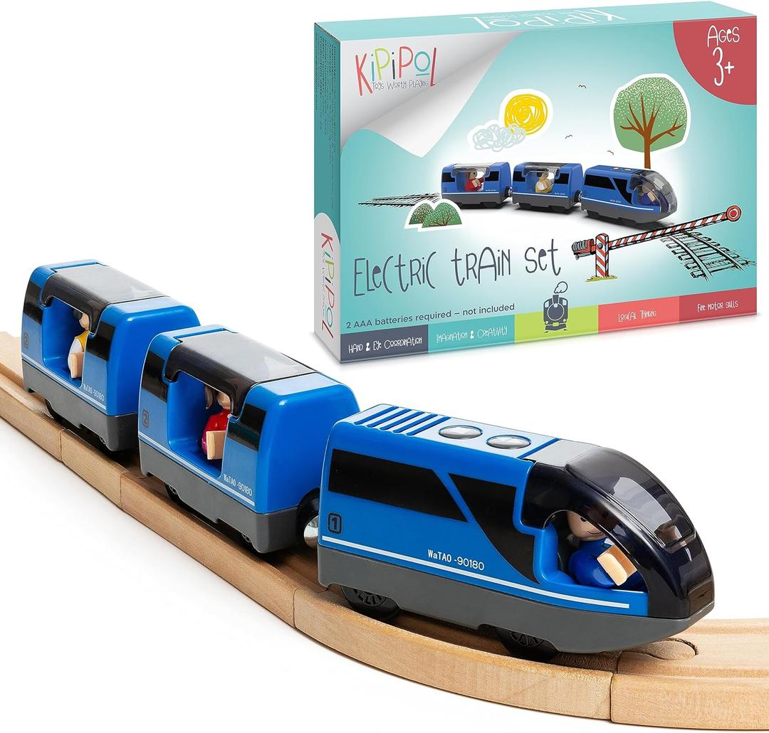 Battery Operated Action Locomotive Toy Train Set for Wooden Tracks, (Magnetic)-Compatible with Thomas The Train Toys, Brio Tram Set for Toddlers 3-5 and up, Stocking Stuffers for Kids (Blue)