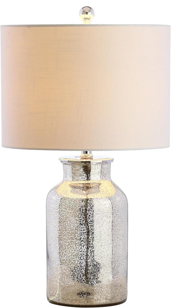 JONATHAN Y 24.5" Mercury Silver Trellis Glass Table Lamp for Living Room, White Linen Shade, Modern Bedside Nightstand Lamp for Bedroom, LED Bulb Included, UL Listed (JYL1084A)