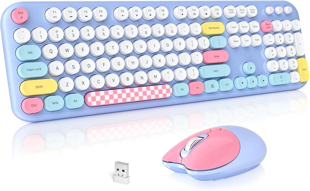 MOFII Wireless Keyboard and Mouse Combo, Cute Keyboard Full Size and Wireless Mouse, 2.4GHz Retro Typewriter Keyboard Mouse Set for PC/Desktop/Laptop/Windows (Pale Blue Colorful)