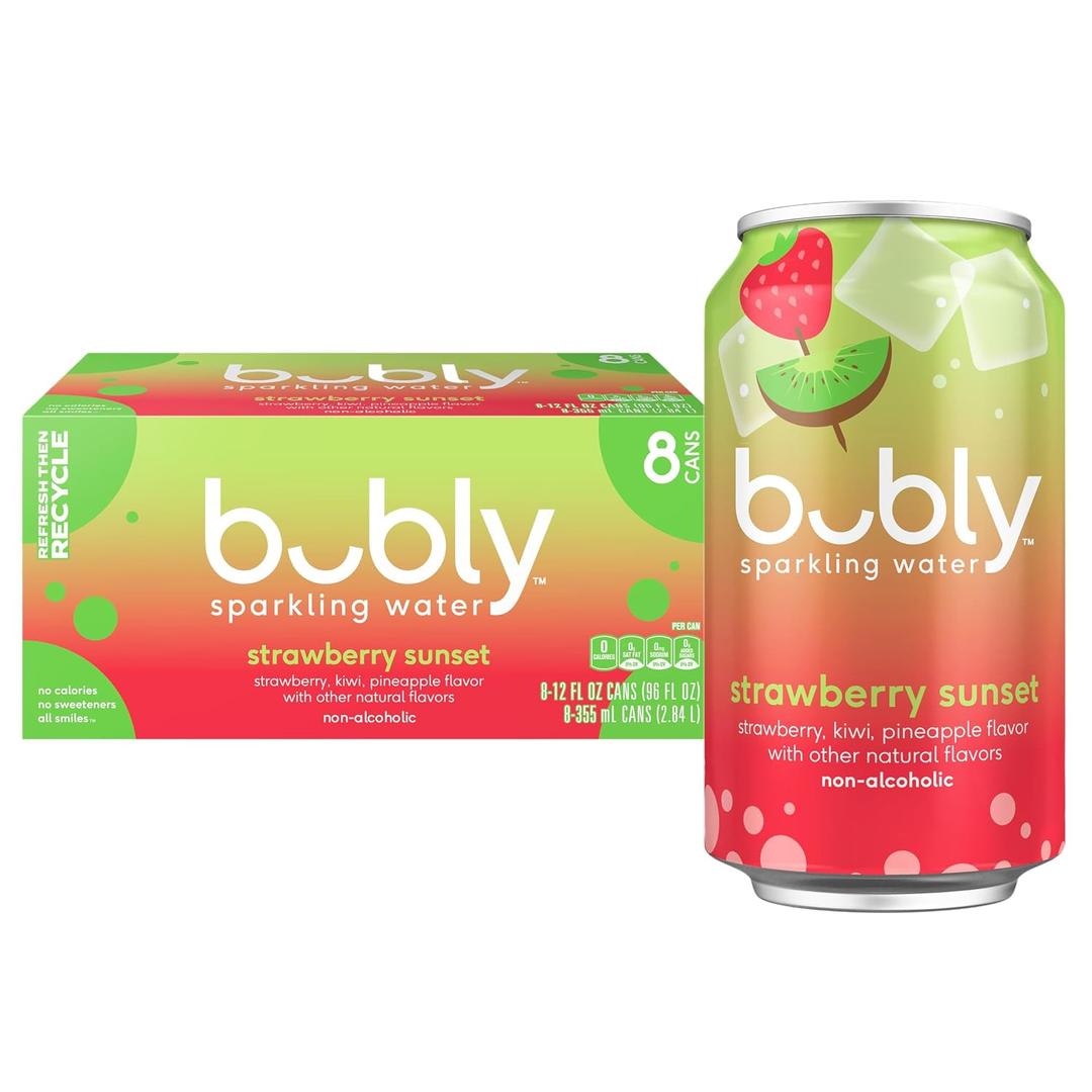 bubly Sparkling Water, Strawberry Sunset, Zero Sugar & Zero Calories, 12 Fl Oz Cans (Pack of 8) (EXP 10/12/26)